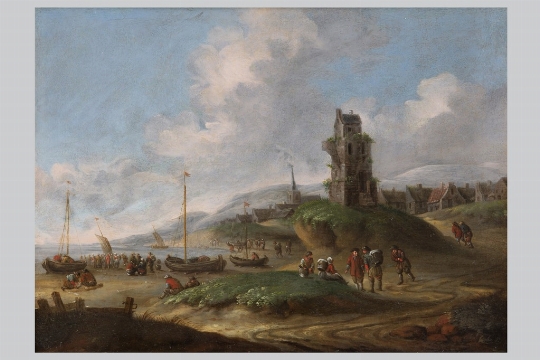Scuola fiamminga del XVIII secolo, a) 'Marina con barche, pescatori e un villaggio in lontan [..] 