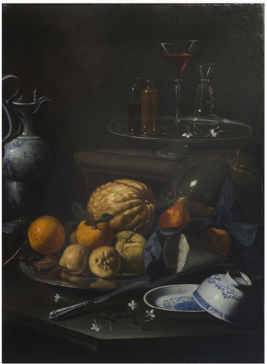 Cristoforo Munari  (Reggio Emilia, 1667 - Pisa 1720) Natura morta con frutta, bottiglie e ce [..] 