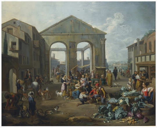 Jan van Buken  (Anversa 1635 - 1694), Veduta di rovina romana con scena di mercato 