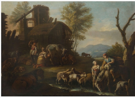 Nicola Viso,  a) b) 'Paesaggio con cascinale, pastori e armenti' 