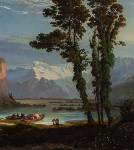 Anonimo della metà del XIX secolo, 'Paesaggio lacustre con figure e montagne sullo sfondo' 
