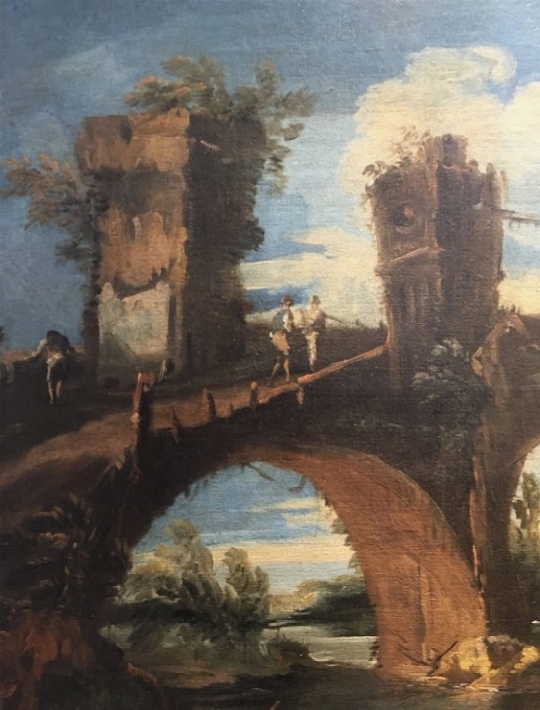 Scuola veneta del XVIII secolo, 'Paesaggio con ponte e pescatori' 