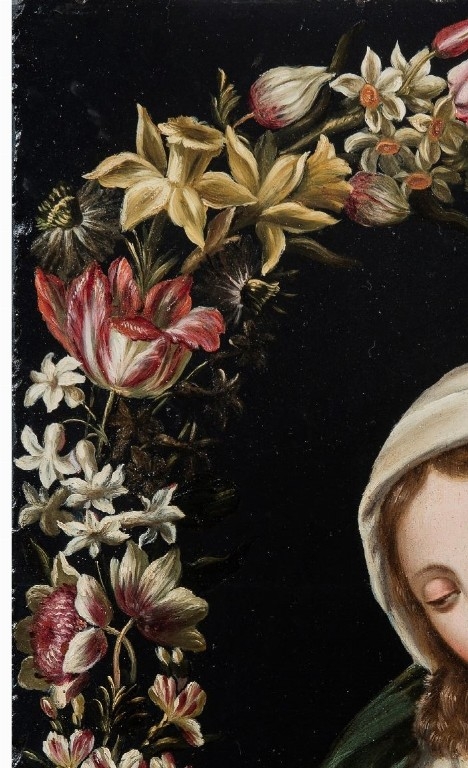 Scuola romana del XVII secolo, 'Madonna in preghiera entro ghirlanda di fiori' 