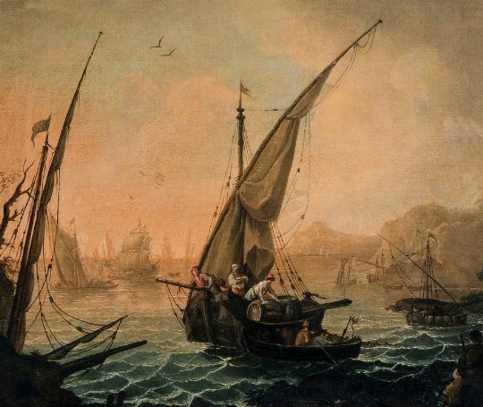Anonimo del XVIII secolo, 'Marina con velieri e pescatori' 