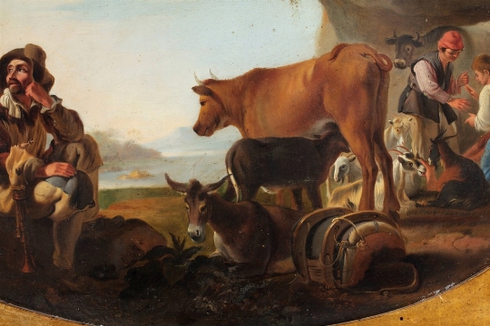 Scuola fiamminga del XVII secolo, 'Paesaggio con pastori e armenti' 
