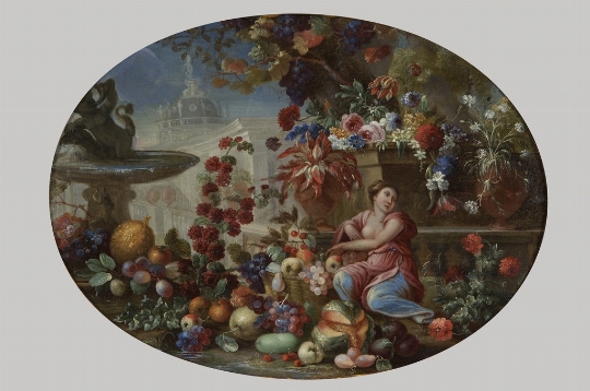 Scuola napoletana del XVII secolo, a) b) 'Trionfo di fiori e frutta con figure' 