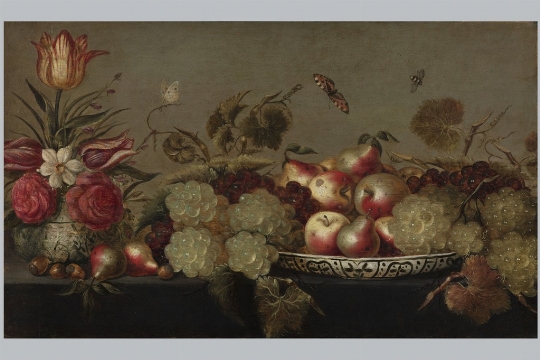 Scuola fiamminga del XVII secolo, 'Natura morta con piatto di frutta, fiori e farfalle' 