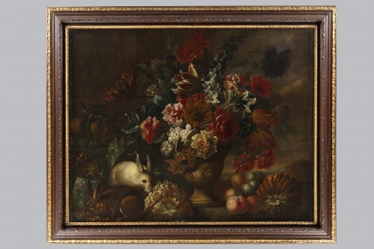 Scuola francese del XVII/XVIII secolo, 'Natura morta con fiori e conigli' 