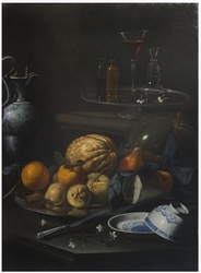 Cristoforo Munari  (Reggio Emilia, 1667 - Pisa 1720) Natura morta con frutta, bottiglie e ceramiche 