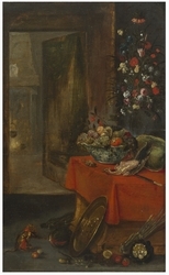 Jan van Kessel il Vecchio, Natura morta con vaso di fiori, un bacile di frutta, stoviglie e una scimmia