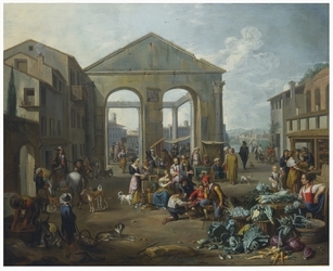 Jan van Buken  (Anversa 1635 - 1694), Veduta di rovina romana con scena di mercato