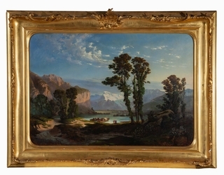 Anonimo della metà del XIX secolo, "Paesaggio lacustre con figure e montagne sullo sfondo"