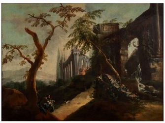 Christian Wilhelm Ernst Dietrich, a) b) "Paesaggio con rovine e figure"