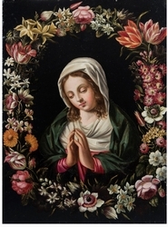 Scuola romana del XVII secolo, "Madonna in preghiera entro ghirlanda di fiori"