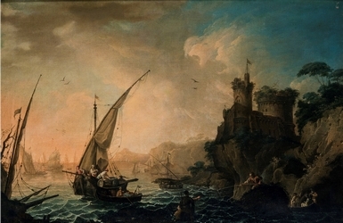 Anonimo del XVIII secolo, "Marina con velieri e pescatori"