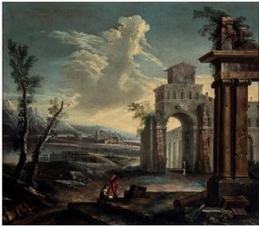Anonimo del XVIII secolo, "Capriccio architettonico con rovine e figure"
