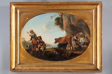 Scuola fiamminga del XVII secolo, "Paesaggio con pastori e armenti"
