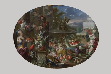 Scuola napoletana del XVII secolo, a) b) "Trionfo di fiori e frutta con figure"