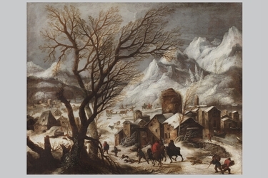 Francesco Foschi, "Paesaggio invernale con villaggio, figure e cavalieri"